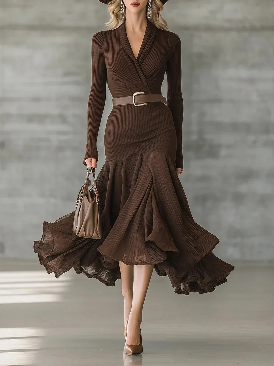 Formal Party Evening Dress Women's Elegant Brown Ribbed Knit Dress Surplice V Neck Long Sleeve Belted Ruffle Hem Midi Dress