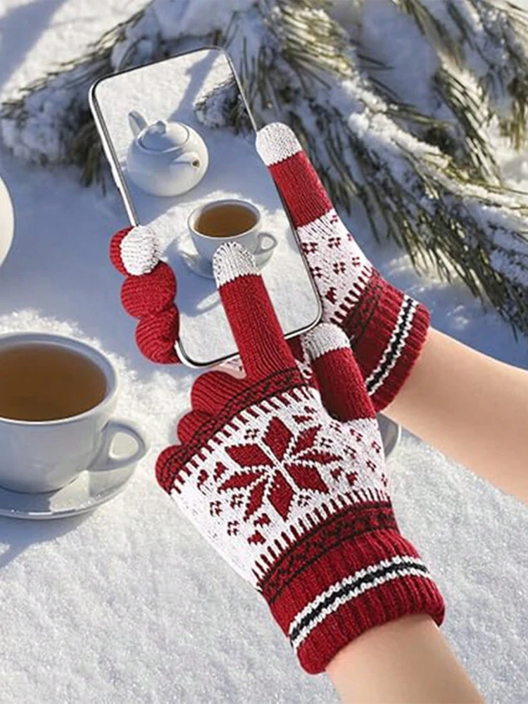Вязаные перчатки с сенсорным экраном, узор снежинки, толстые теплые вязаные зимние перчатки с полным пальцем для мужчин и женщин, перчатки для пар
