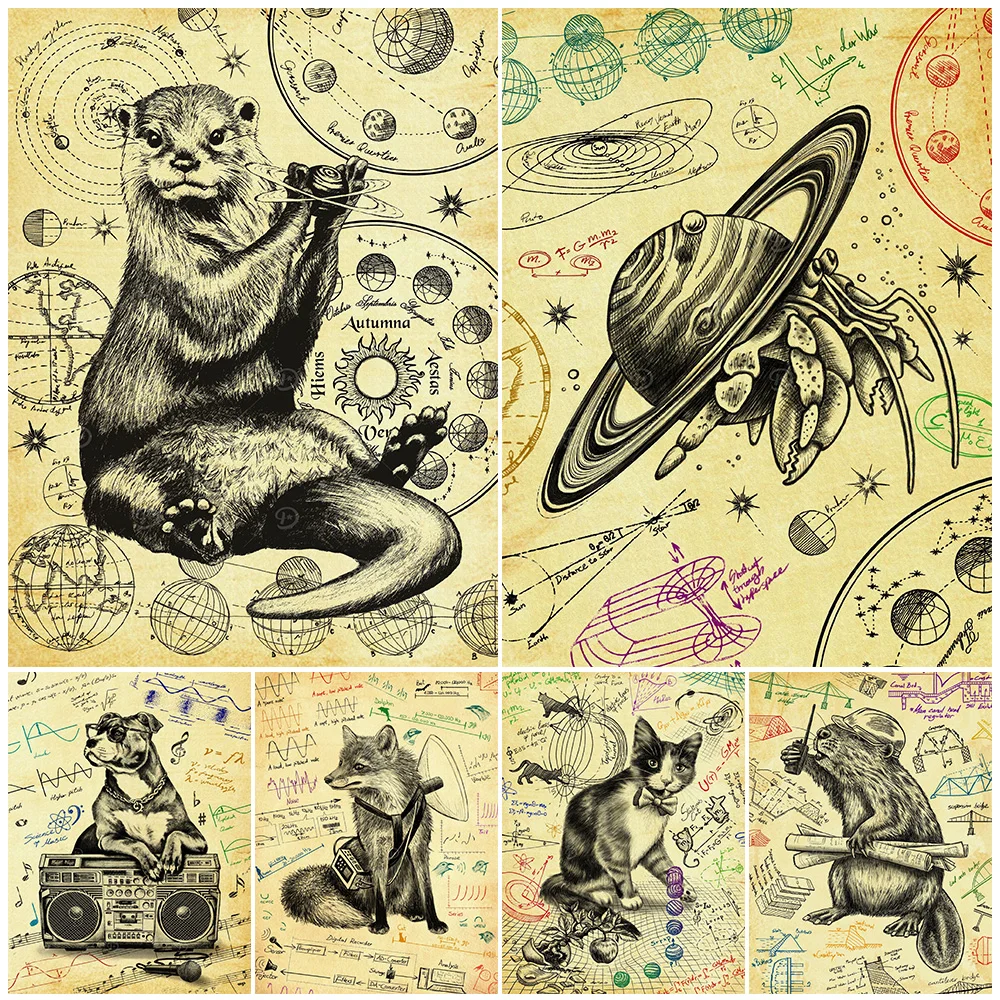 

Astronomy Hermit Crab And Otter Vintage Wall Art Canvas Print Cat Studying Gravity And Raccoon Engineer Art Poster Print Decor