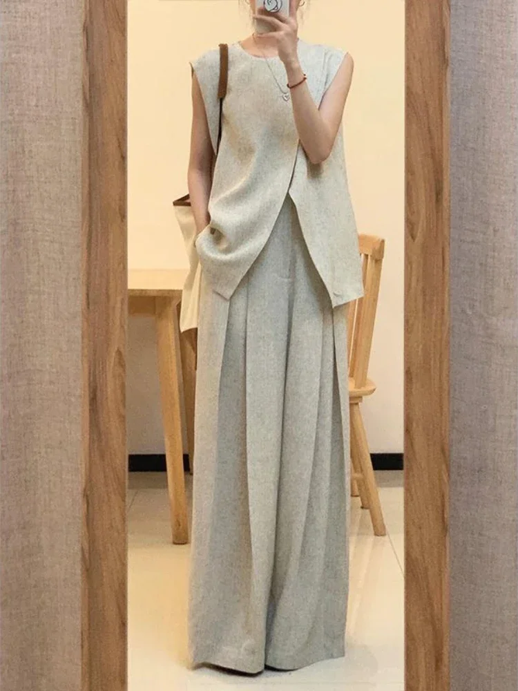 

Women Pants Set Round Neck Belt Sleeveless White High Waist Tops Solid Color Wide Leg Long Pants Slim Fit Elegant Two Piece Sets