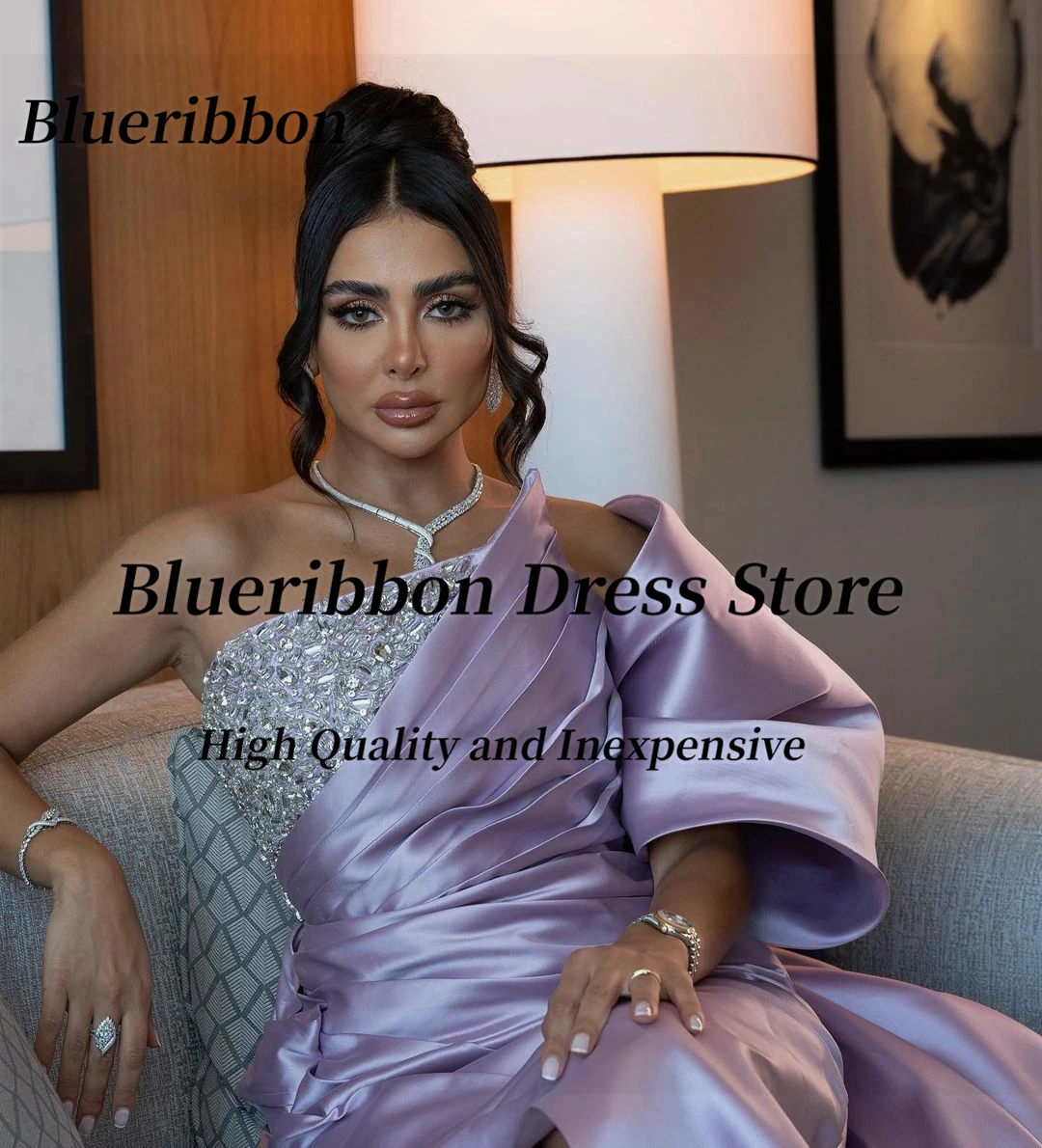 Blueribbon Formal Strapless frisado Sequins Dress, Big Bow Prom Dresses, Long Ruched Side Slit Evening Party Dress