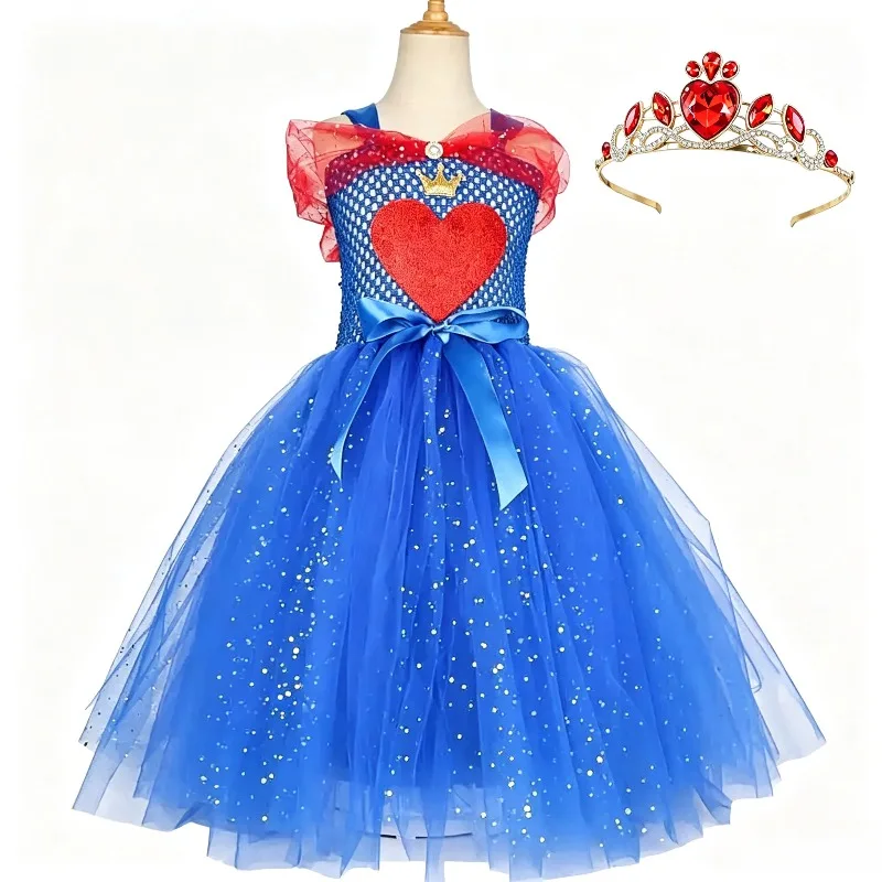 Halloween Sparkly Red Heart Tulle Tutu Dress Girls Shiny Mesh Layered Gown With Rhinestone Crown Kids Daily Casual Outfit Set