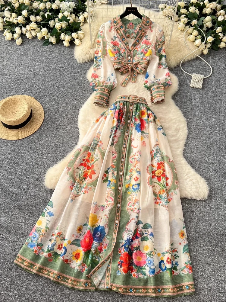 

Lady Elegant Single Breasted Shirt Tops&A-line Skirts Set 2025 Party Fashion Floral Print Dresses Suit Women Long Sleeve Outfit