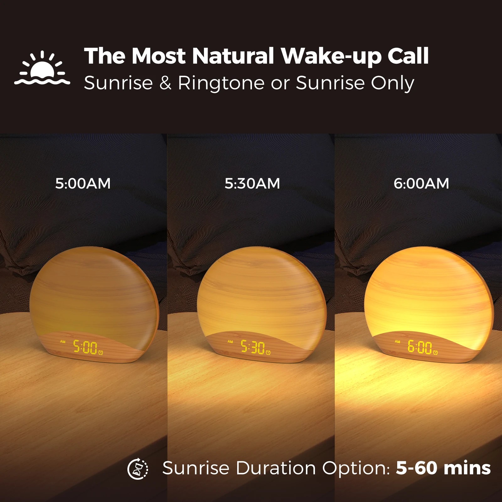 LED Sunrise Alarm Clock, Wake up Light, All Wood Grain, 0-100% Dimming, Digital Clock, 26 Soothing Sound, Sleep White Noise, 8 C