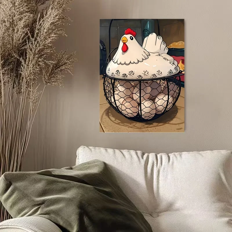 1pc frameless Canvas Painting 1pc Frameless Canvas Poster - Whimsical Chicken & Eggs Basket Cartoon Wall Art, Playful Farmhou，Ea
