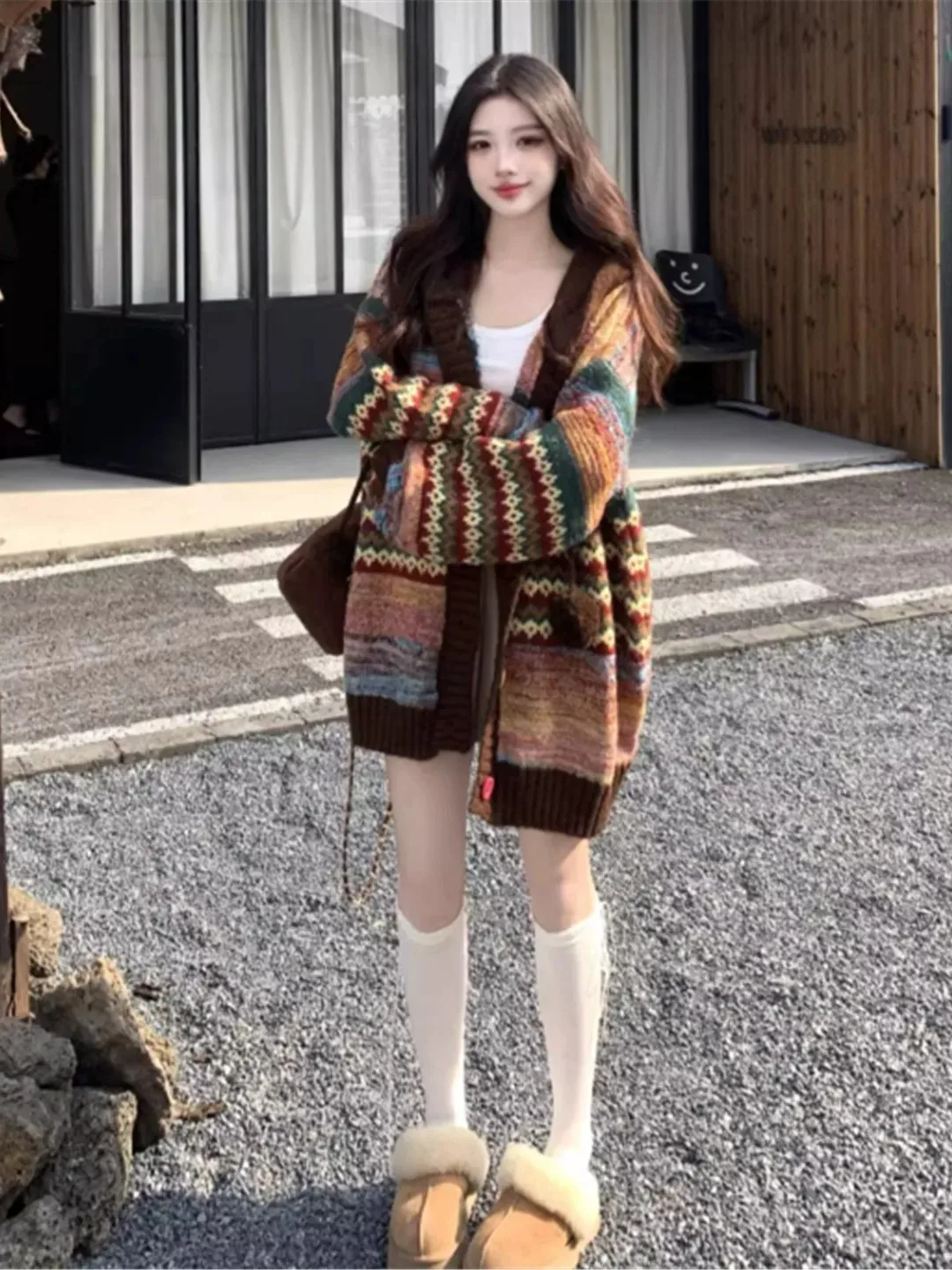 Retro Color Block Striped Hooded Sweater Coat Women's Autumn Thickened Knitwear Loose Casual Style Polyester Fiber Long Sleeve