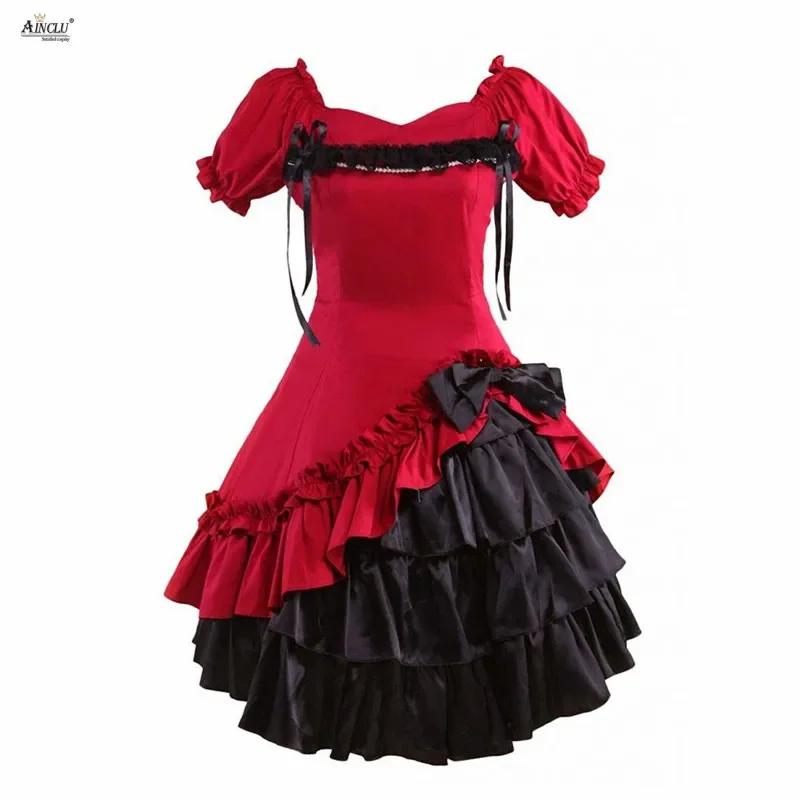 Ainclu lolita dress womens sweet dark red cotton short sleeves Lolita style Gothic girls party lolita dress XS-XXL