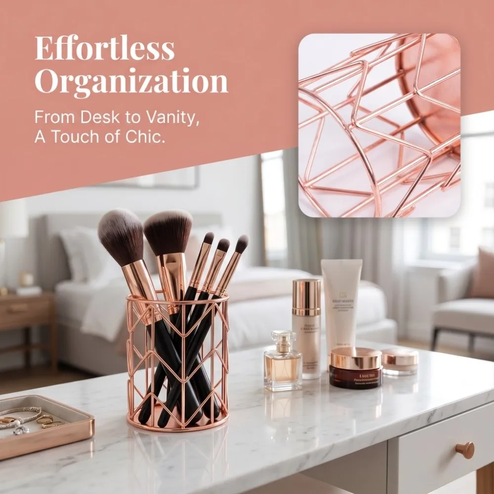 Rose Gold Nordic Metal Mesh Pen Holder Metal 10*8cm Multifunctional Desktop Organizer Basket