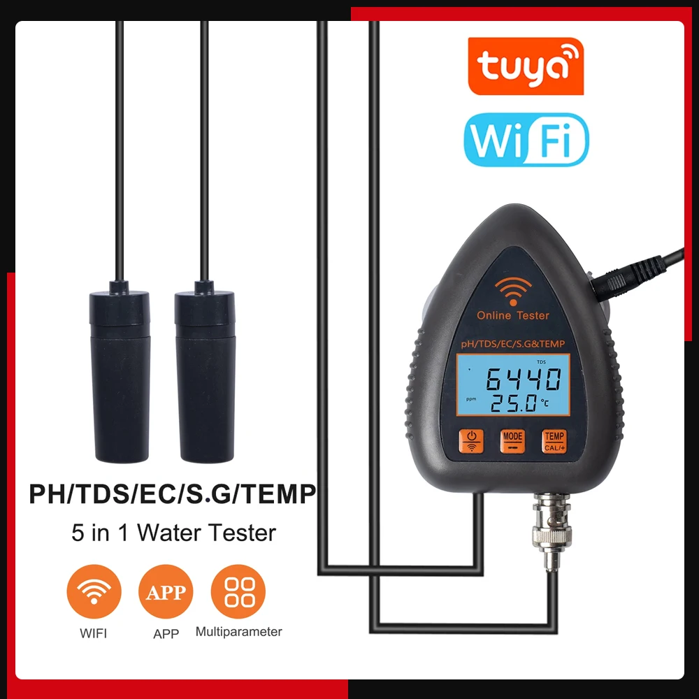 Tuya WiFi 5w1 jakość wody Monitor online PH całkowicie rozpuszczone jedzenie S.G EC miernik testowy temperatury małżeństwo Tester