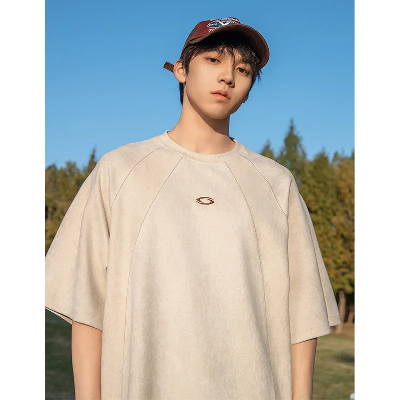 

Men's Summer Loose Suede Short Sleeve T-Shirt Retro American Style Patchwork Design Couple's Casual Comfortable Body Shirt