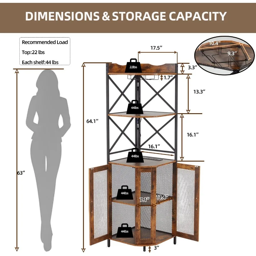 Corner Bar Cabinet with Built-in AC Charging Socket, 5-Tiers Wine Bar Cabinet with Ambient LED Lighting and Glass Holder, Indus