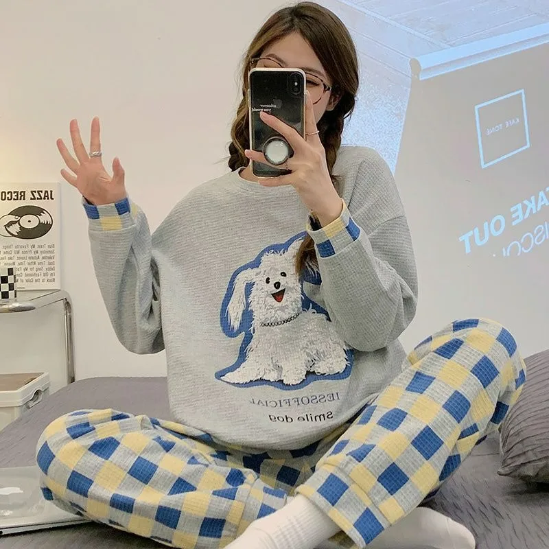 Women Pajamas Spring Female Long Sleeve Korean Style Cartoon Bear Waffle Cotton Homewear Suit Loose Casual Sleepwear Set 2024