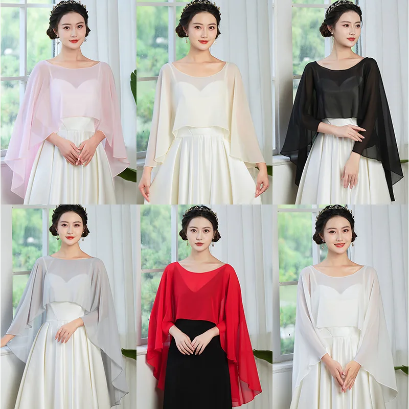 Robe cape en mousseline de soie noire pour femme, élégante, simple, douce, décontractée, haussement d'épaules pour femme, robe de soirée, châle rouge et blanc, mariage