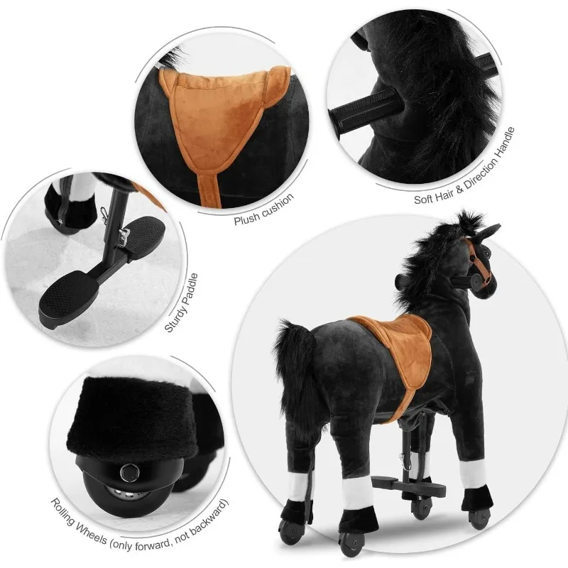 Passeio de cavalo para crianças com rédeas e chapéu de cowboy (altura de 35,43 '') Passeio de cavalo de pelúcia animal andando, carga máxima 165LBS
