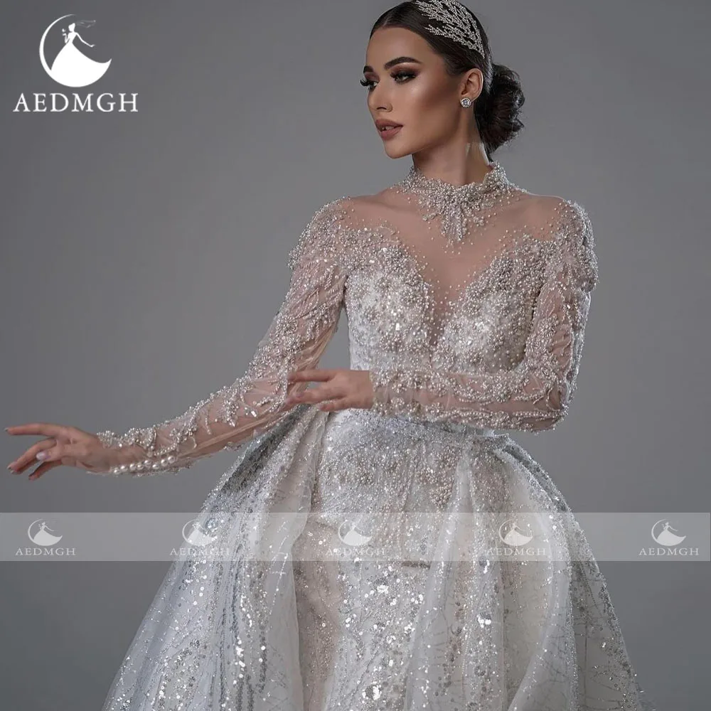 Aedmgh Mermaid Sexy Wedding Dresses High Neck Vestido De Novia Lace Embroidery Detachable Train Vintage Custom Made Bridal Gowns