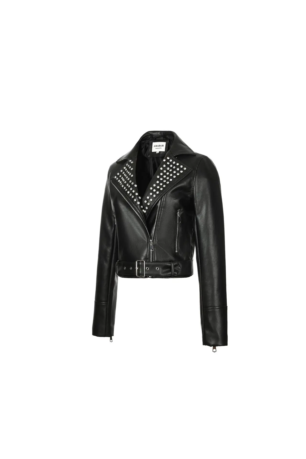 Jaqueta de couro feminina com rebites, jaqueta de motocicleta, jaqueta curta estilo prego moderno e moderno, item popular