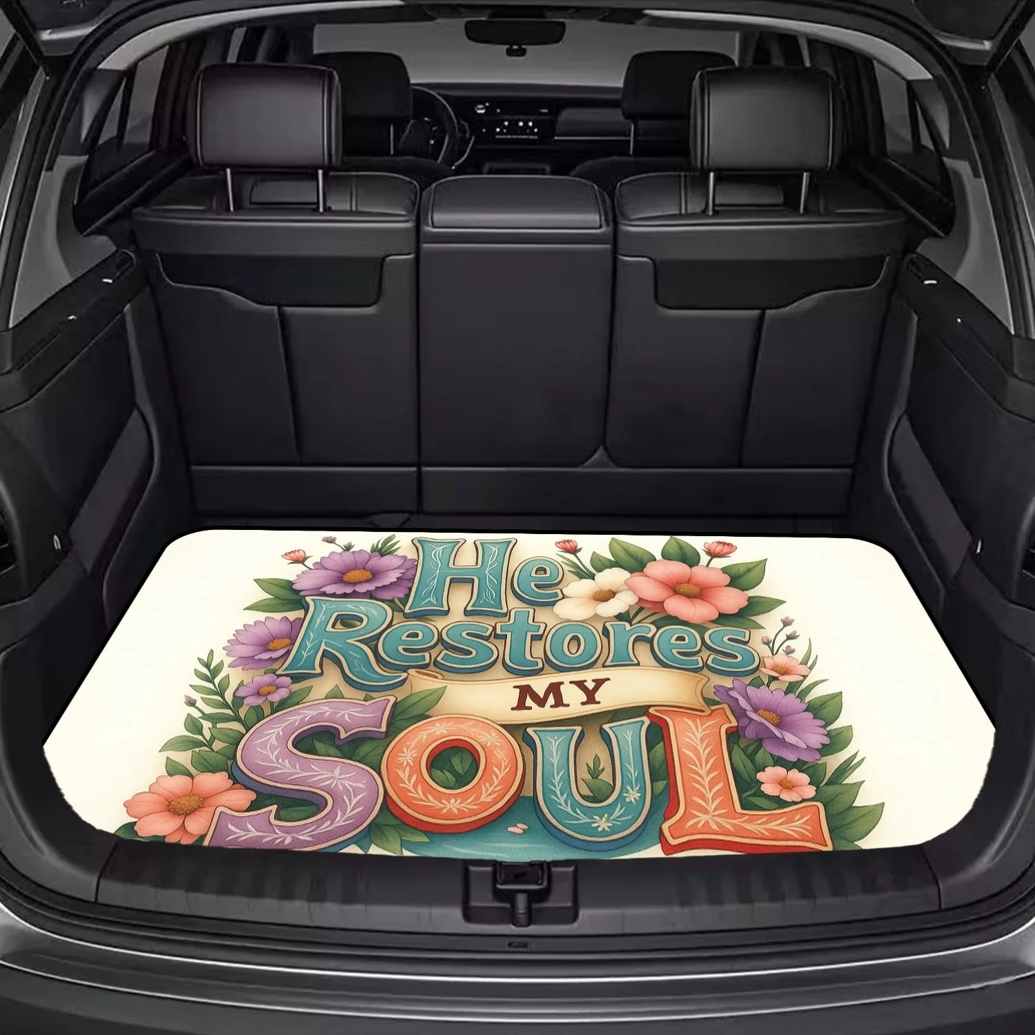 Car Trunk Mat, He Restores My Soul Colorful Letter Floral Print Cargo Liner, Non-Slip Rear Trunk Protector, Women Car decor, Car Accessories, Interior Decoration Mat, Universal Fit For SUV Sedan Truck, Vint