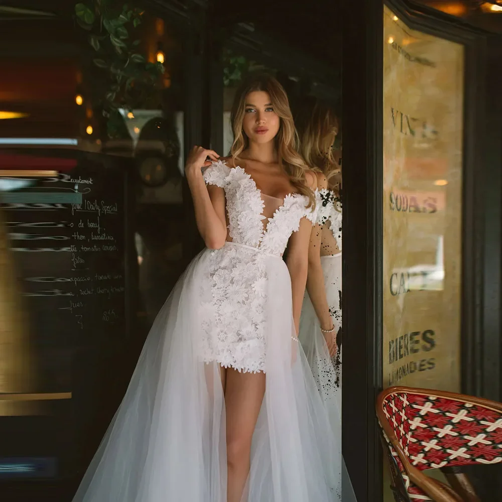Customized 3D Flowers Off Shoulder Mini Boho Bride Gowns Detachable Deep V Neck Backless Applique Princess Wedding Dress
