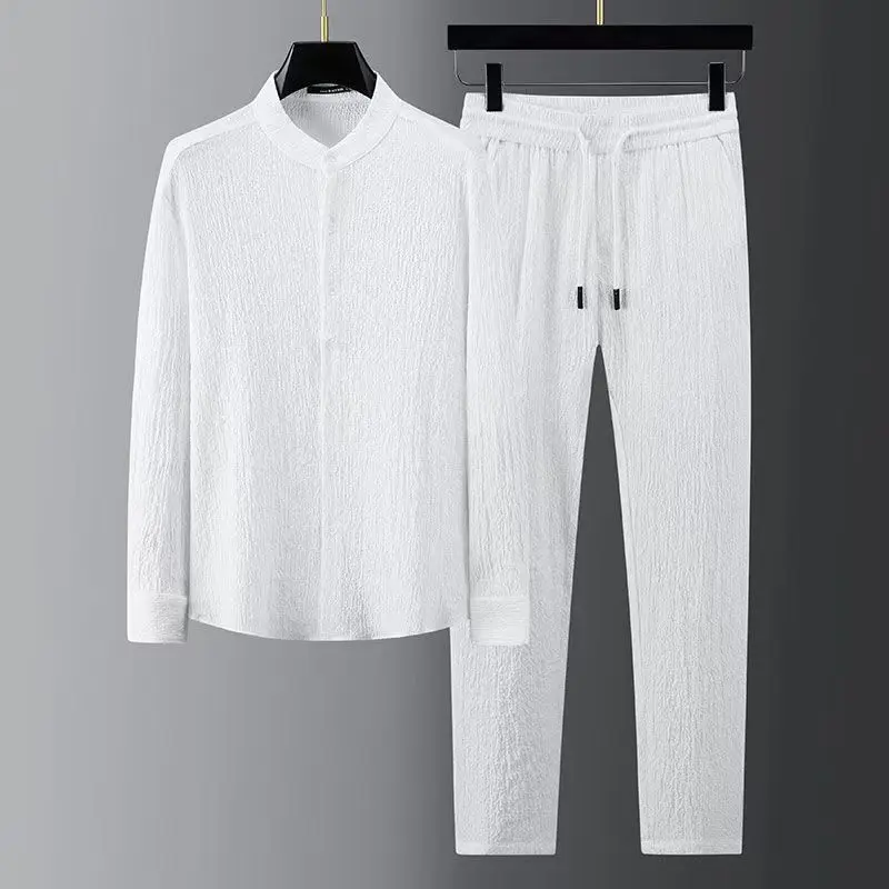 Men Long Sleeve Casual Shirt Pants Seersucker Striped Pleats Slim Two Piece Suit Spring Summer 7XL M195