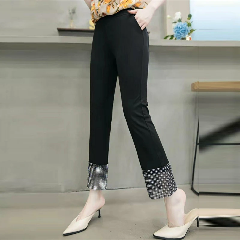 Women Clothes Elegant Fashion Rhinestone Black Flare Pants Spring Summer Ladies Slim Chic Cropped Trousers High Waist Pantalones