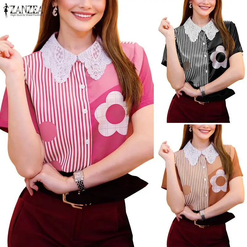 

2026 ZANZEA, летние модные рубашки, блузка с короткими рукавами и принтом, элегантный лоскутный полосатый топ с лацканами, повседневные корейские кружевные женские блузки