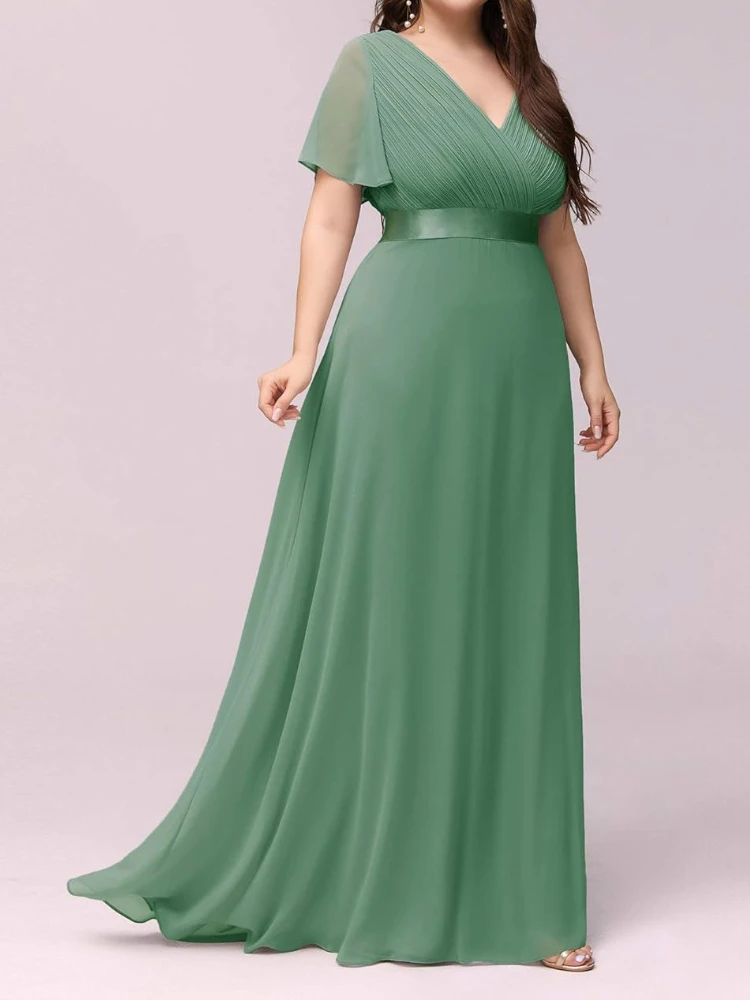 Customized New Simple Euramerican V-neck Ruffle Sleeve Bridesmaid Dresses Front Cross Pleated Design Long Chiffo Dress Back Stra