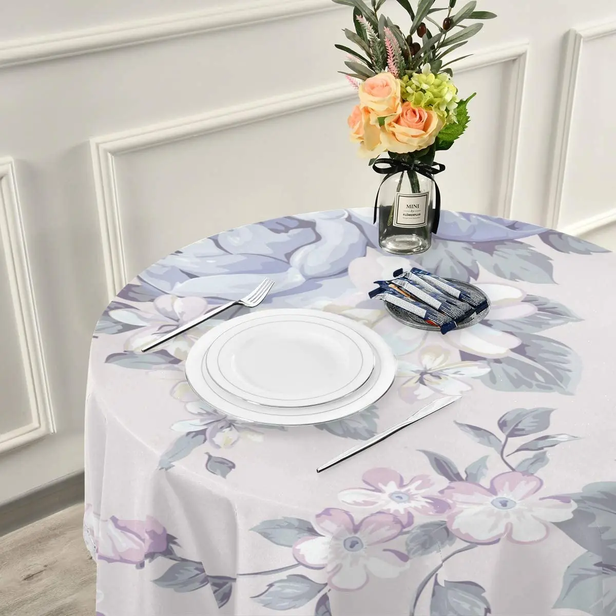 Round Tablecloth 60 Inch Circular Table Cover Blue Flower for Buffet Table Home Parties Holiday Dinner Lace Tablecloth