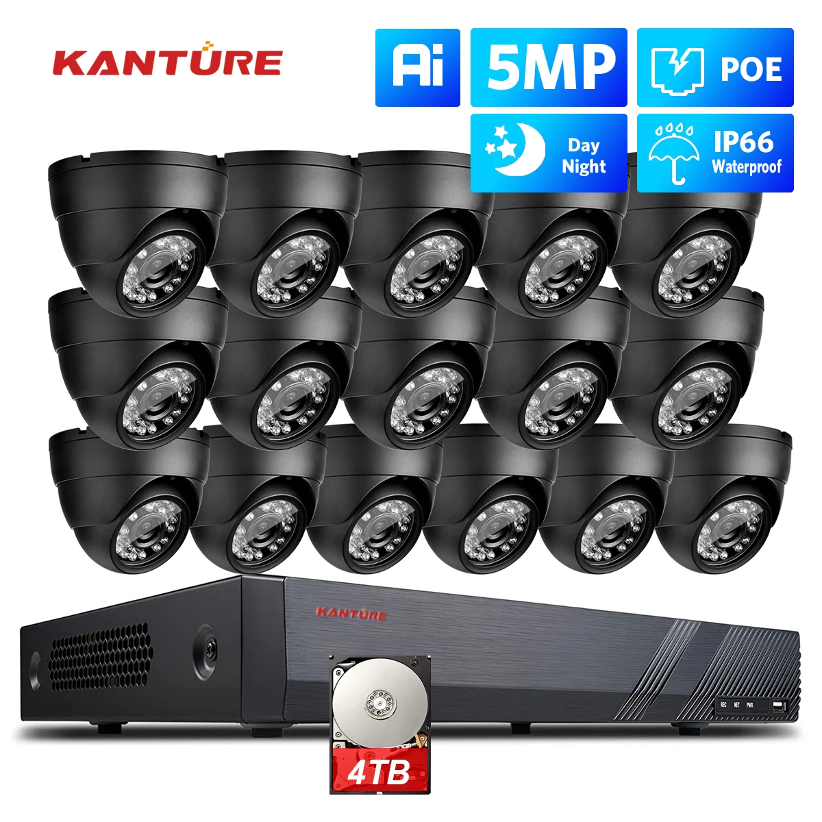 KANTURE 16CH 5MP CCTV Camera System 5MP Ai Human Detection Indoor Outdoor Dome POE Ip Camera Night Vision Video Surveillance Kit