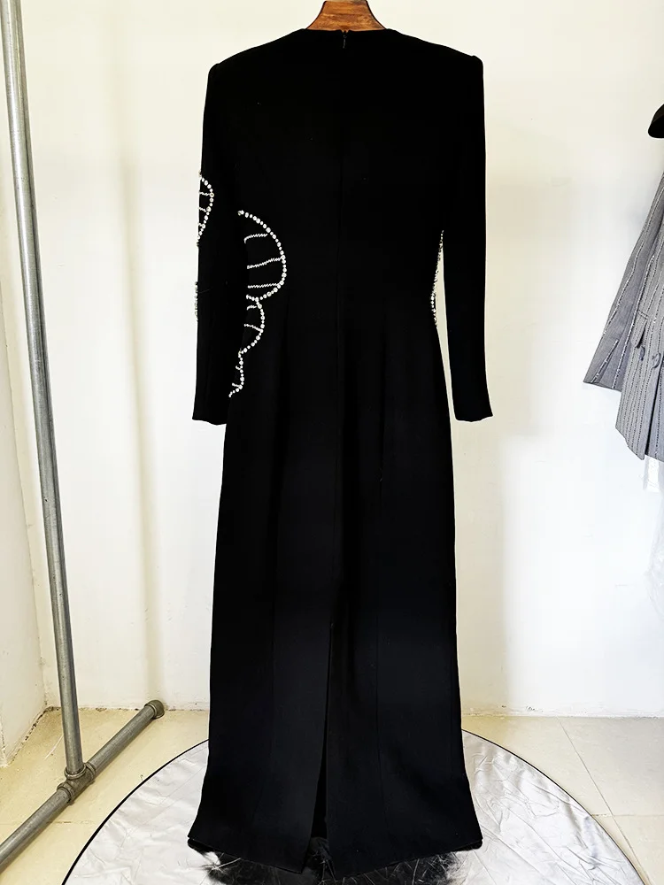 HIGH STREET Newest Fashion 2025 Designer Party Vestido Women\'s Formal Long Sleeve Luxurious Diamonds Beaded Crystal Floral Long