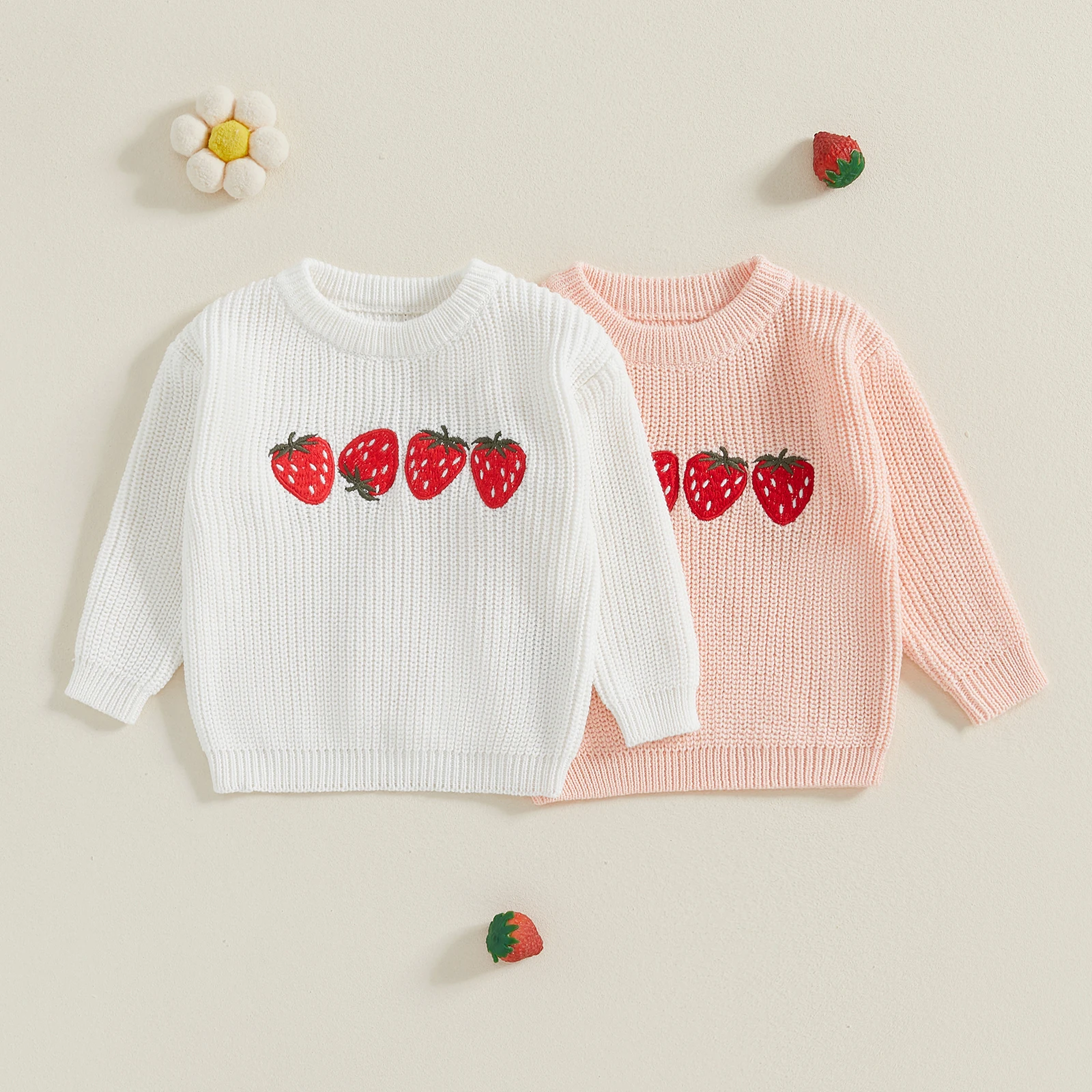 

0-3 Years Toddler Girls Sweater Strawberry Embroidery Crew Neck Long Sleeve Kids Pullovers Fall Winter Clothes Tops