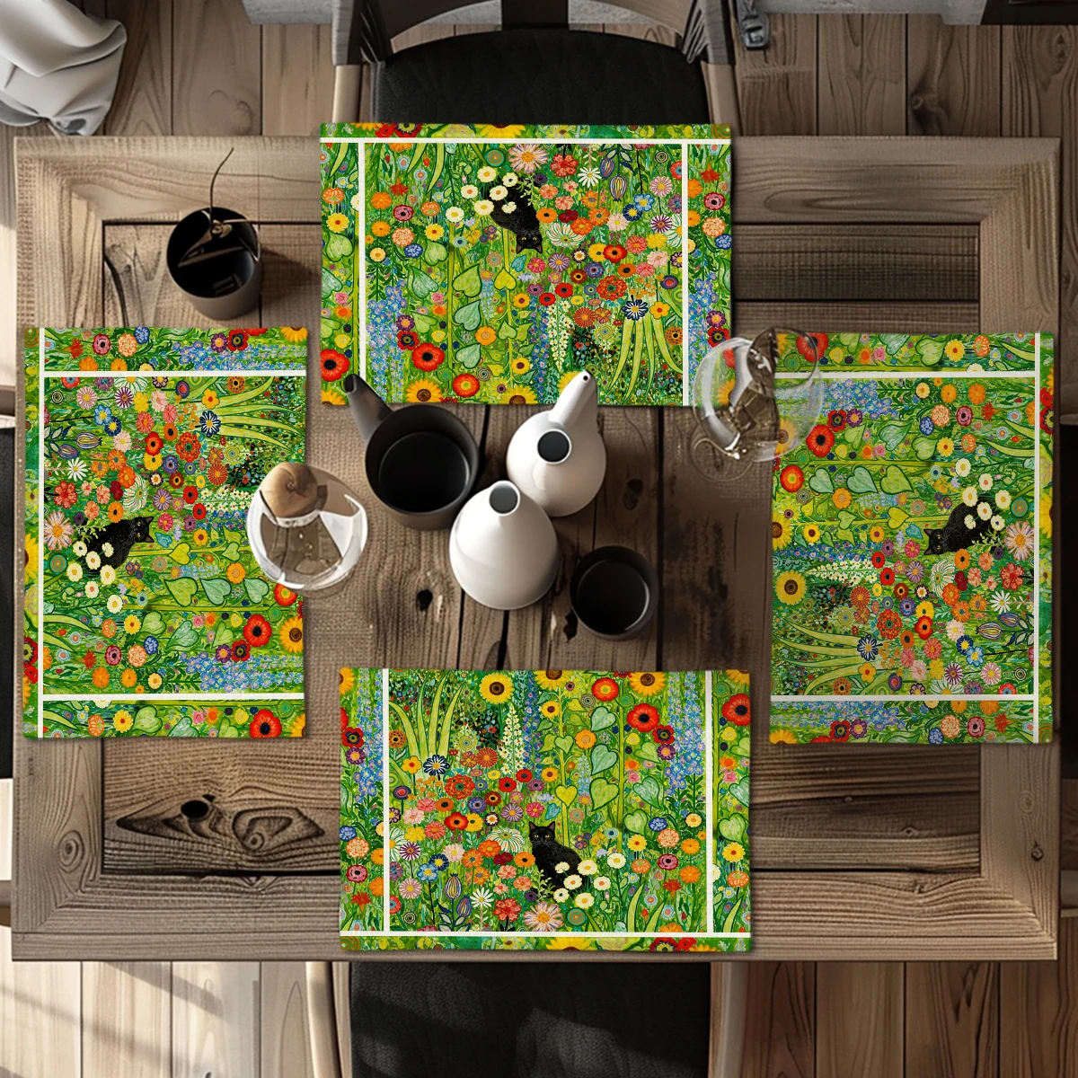 Buddha & Lotus Pattern Polyester Placemats & Coasters - Exotic Table Decor for Dining Room, Restaurant and Tea Time