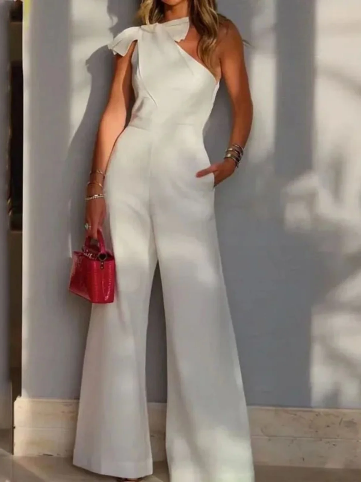 

Цветной комбинезон с широкими штанинами и диагональными плечами, повседневные брюки Street Sle, длинные брюки с талией для женщин, осенний сезон