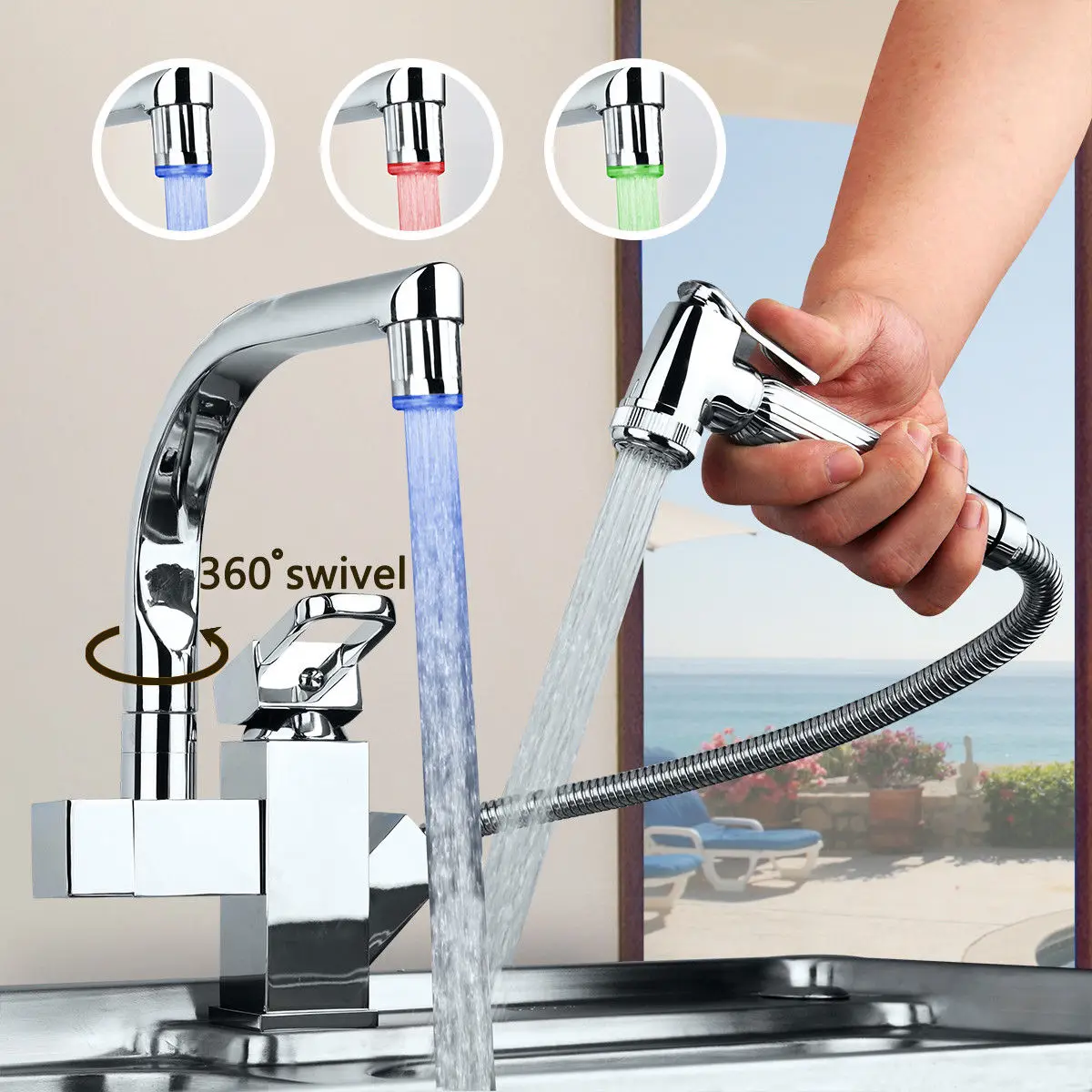 

Brass Led Faucet Kitchen Sink Mixer Water Tap Pull Out Spray Swivel Spout Chrome Deck Mounted Kitchen Sink Faucets
