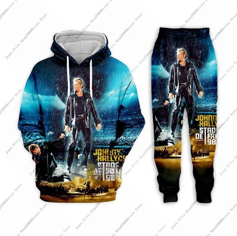 Johnny hallyday 3d impressão calças com capuz terno masculino casual moletom pulôver masculino conjunto de treino moda roupas masculinas 2 pçs ternos