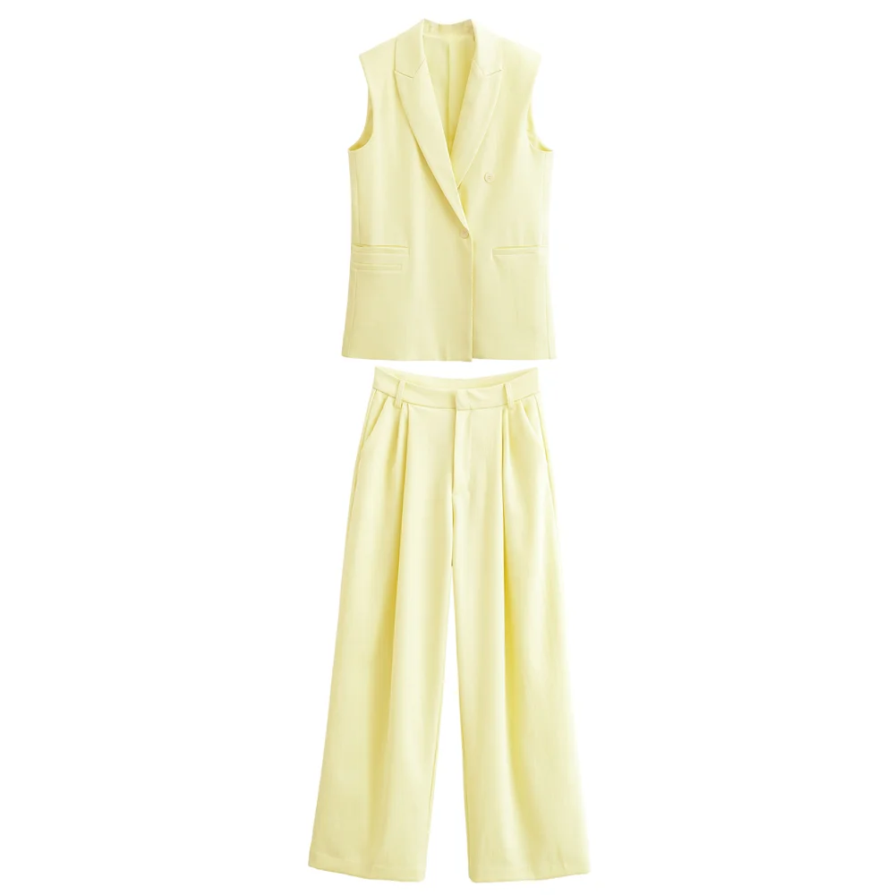 

MYST&ZA Women's Summer New Tweed Suit Collar Sleeveless Vest Waistcoat and Pleated Casual Loose Boucle Wide Leg Pants