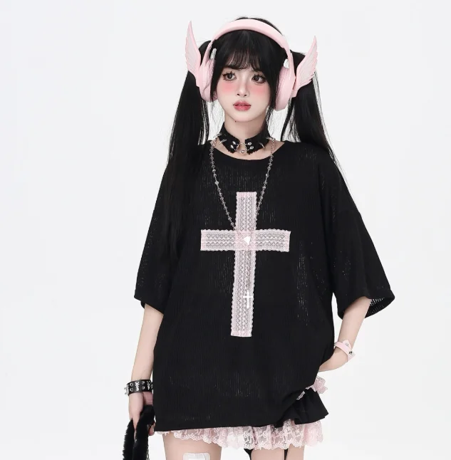 2026 Summer New Sweet Cool Subculture Loose and Versatile Short Sleeve T-shirt Fashion Round Neck Sexy Girl Age-reducing Tops