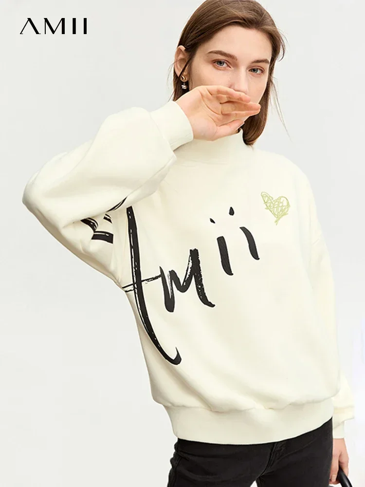 AMII Minimalist Lamb Fleece Hoodie for Women Winter 2023 Loose Warm Base Shirt Letter Print Half High Collar Trendy Top 12424094