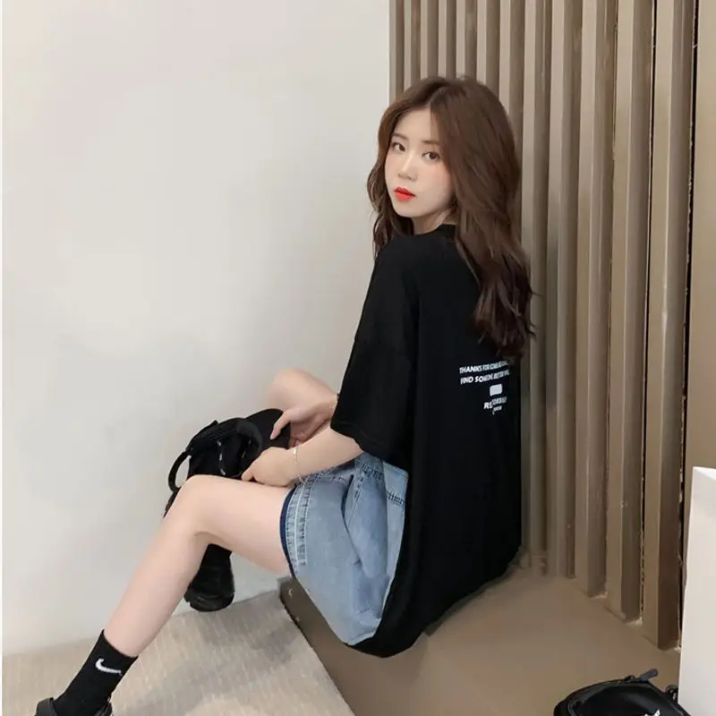 우아한 패션 하라주쿠 슬림 핏 여성 의류, 루즈 올 매치 캐주얼 반팔 티셔츠, 프린트 패치워크 가짜 투피스