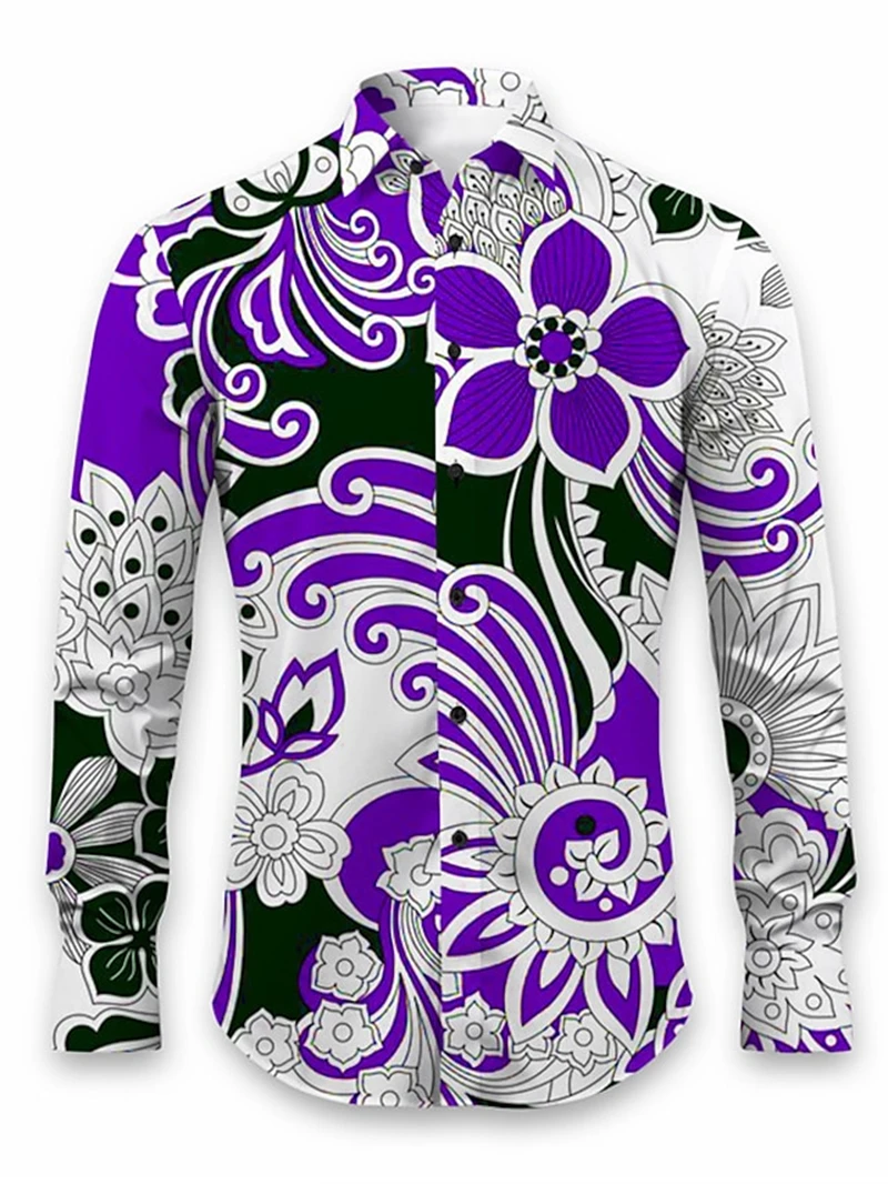 Hawaiian Shirts Men's Autumn Fashion Flower Numerous Elements Theme Casual Long Sleeved Shirt Harajuku Streetwear Men Clothing