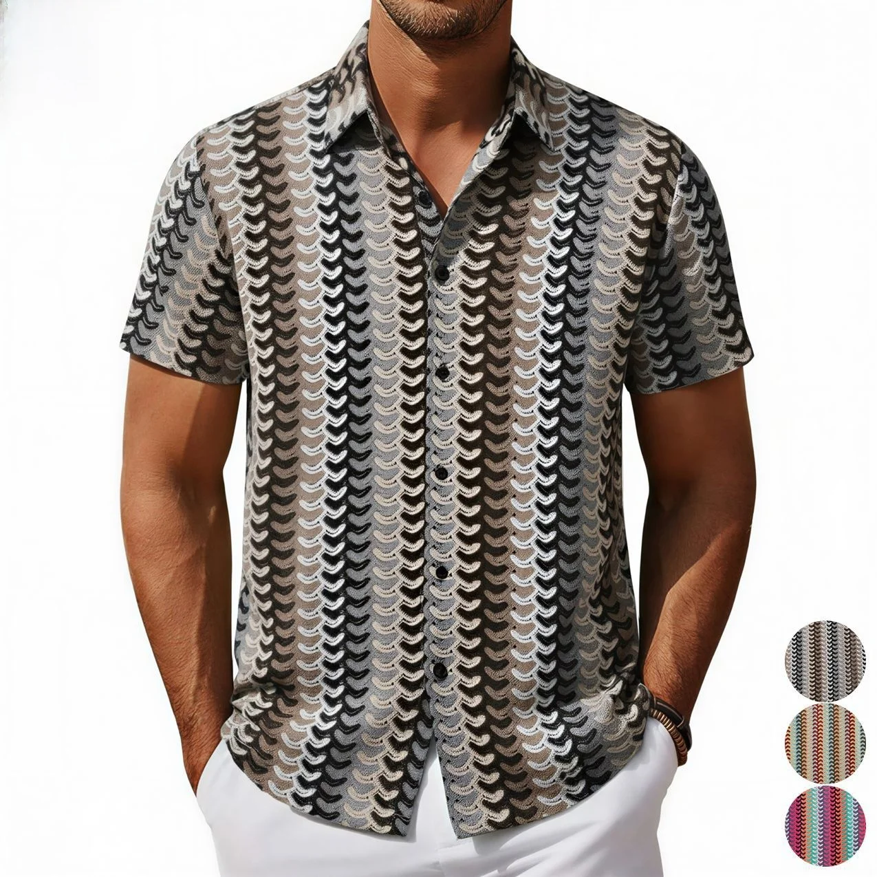 

Men's Knitted Hollow out Short Sleeve Shirt Breathable Stylish Menswear Casual Street Style Square Collar Open Cardigan