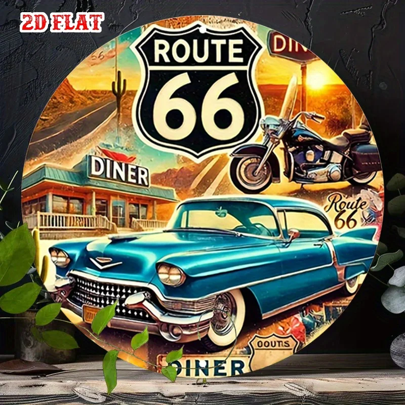 2D flaches, retro Road 66, rundes Holzschild – Wanddekoration aus Metall für Motorräder und Autos