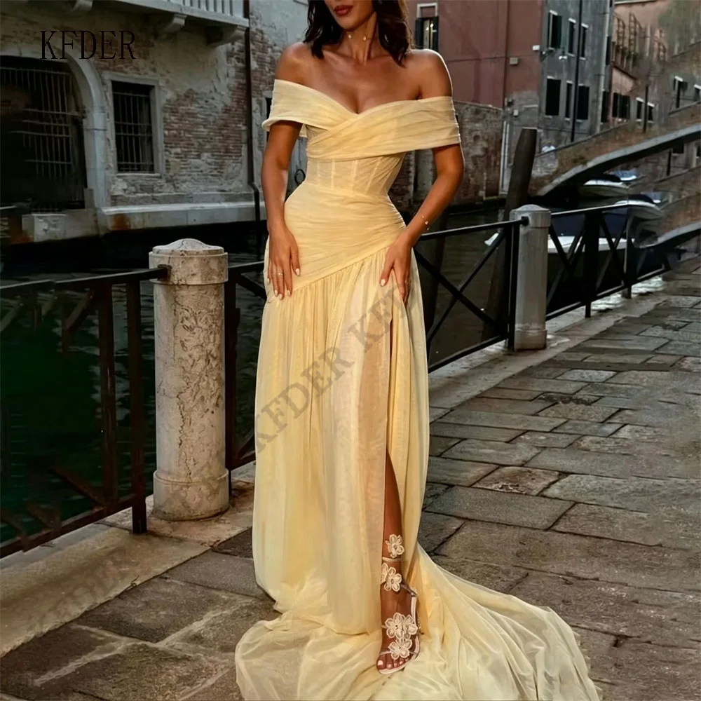 Customized Yellow A Line Mother of the Bride Dress Side Slit Off Shoulder Chiffon Evening Dress Dresses Long Formal Prom Gowns