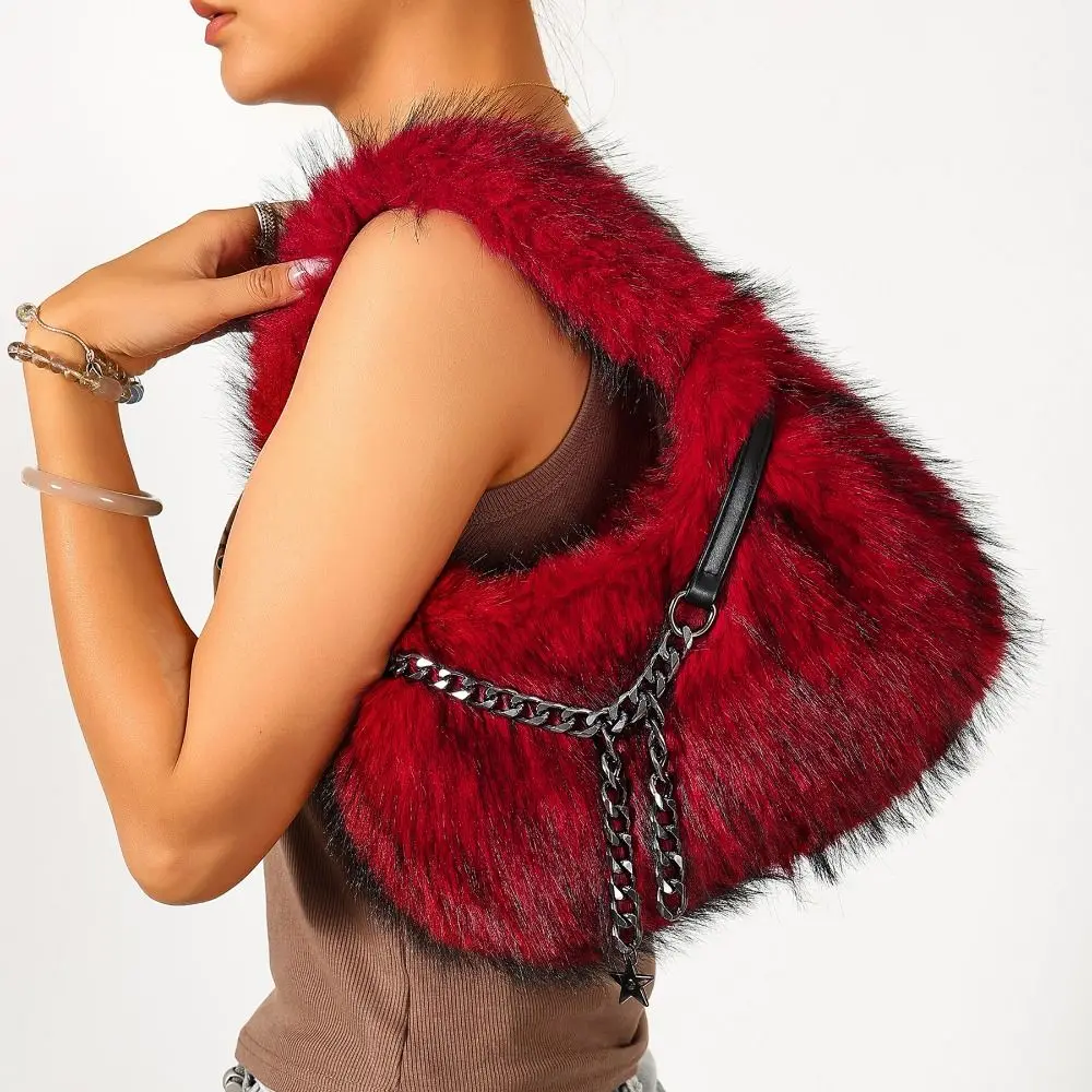 Elegant Portable Faux Fur Shoulder Bags Y2k Stars Chains Fluffy Tote Bag Korean Style Fuzz Fluffy Hobo Bags Shopping