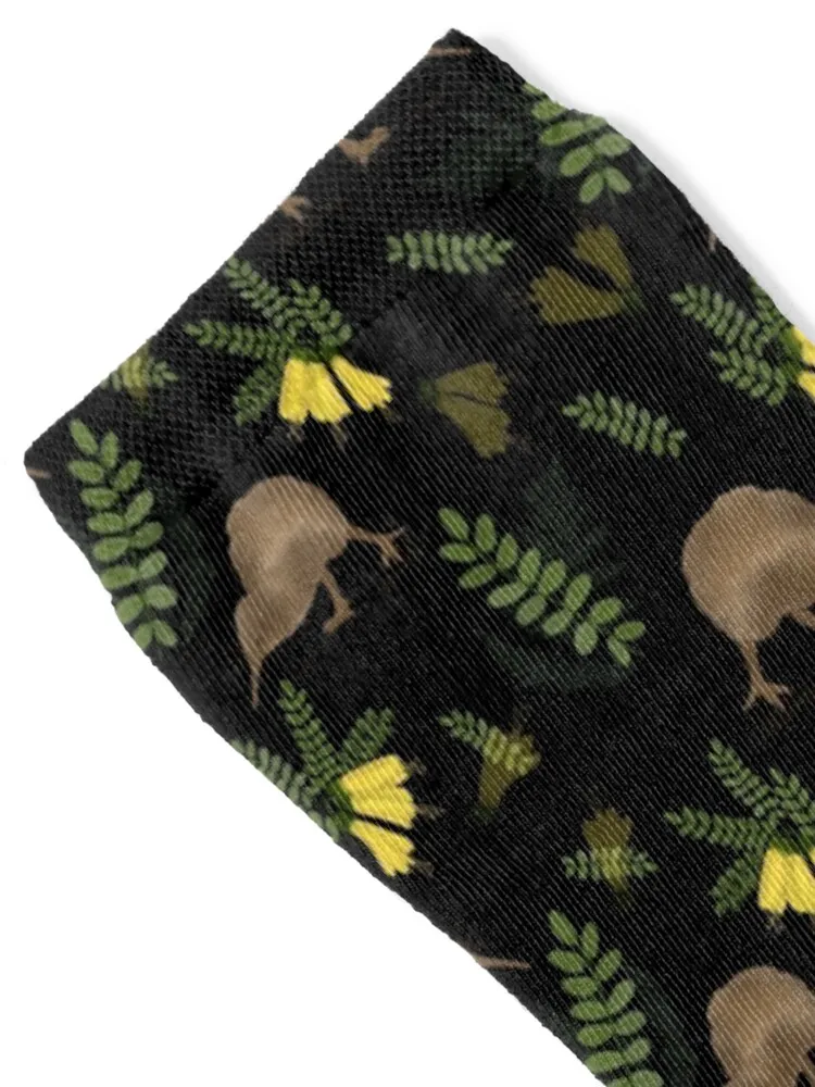 New Zealand Kiwi Bird and Kowhai Pattern Design on Black Socks anti slip football Climbing FASHION Rugby Ladies Socks Men's