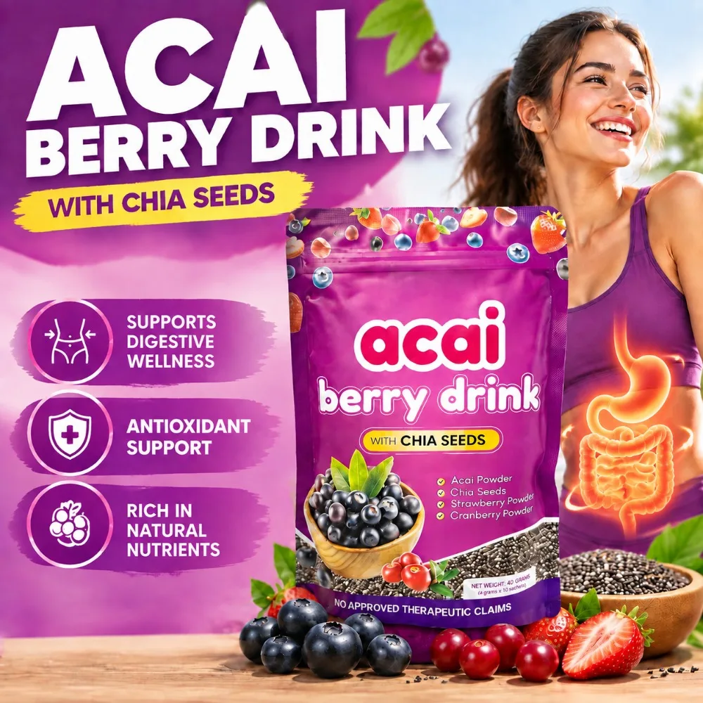 Acai Berry Drink Powder with Chia Seeds Support Digestive Wellness Improve Skin Condition & Enhance Immunity Easy to Mix 10 Ct