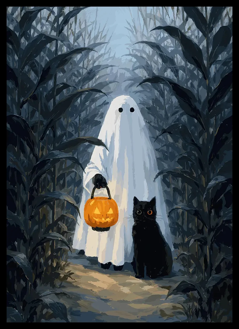 Retro Halloween Cozy Ghost & Black Cat Canvas Decor Poster - Spooky Cozy Pumpkin Wall Art Prints Painting for Living Room Decor