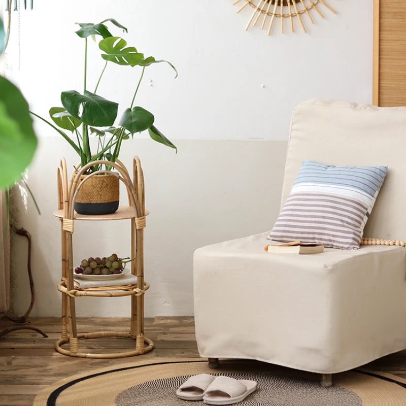 حامل زهور منسوج من الروطان الطبيعي، أوعية هبوط شمالية للنباتات، رف متعدد الطبقات للنباتات، ديكور رف الشرفة