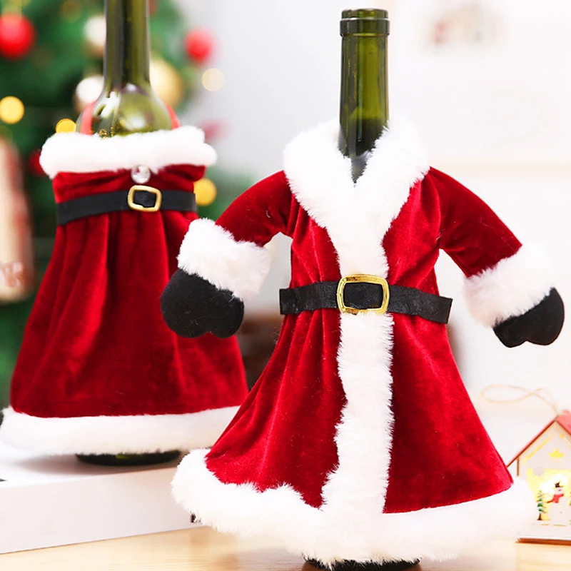 Christmas Wine Bottle Covers Set Red Velvet Clothing Dress Bottles Cover Red Wine Bag Xmas New Year Home Dinner Table Decoration