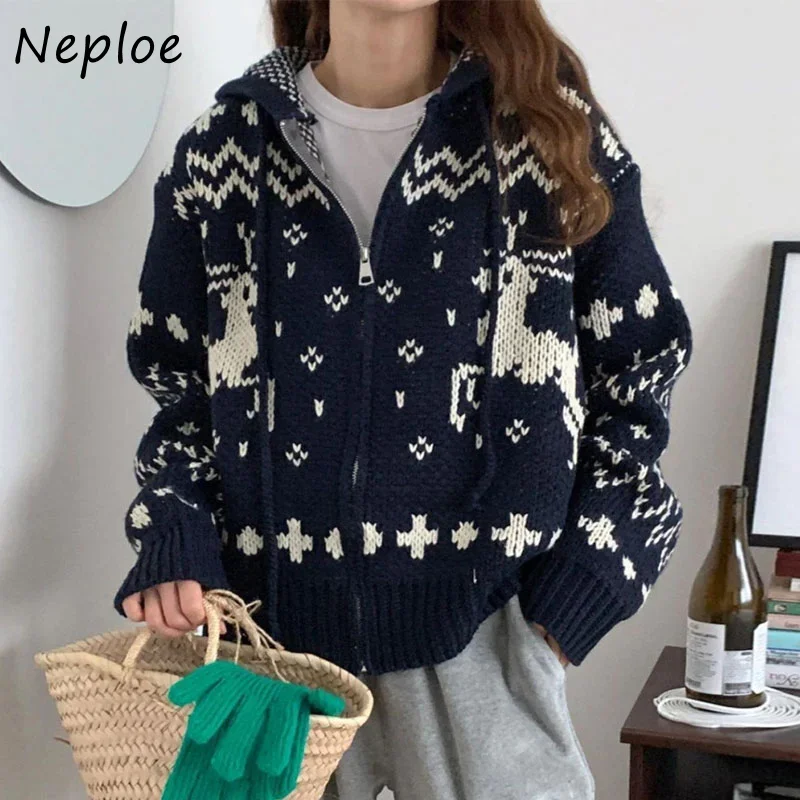 Neploe Hooded Collar Long Sleeve Jacquard Sweater Jacket Autumn Winter Vintage Cardigan Women Y2k Zipper Christmas Outerwear