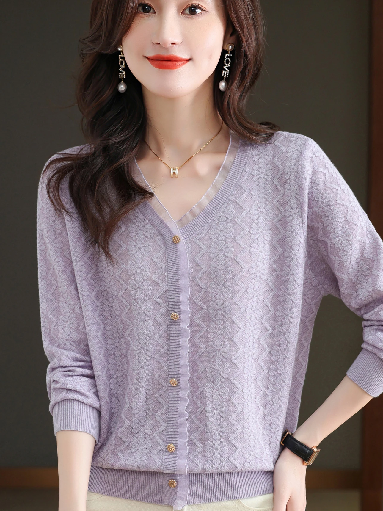 

Ele Knitted Long Sve T-irt for Middle-Aged Women Faionable Autumn Wear Lady Casual V-Ne Knitwear